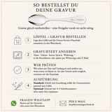 Gravur bestellen in vier Schritten: Löffel und Pauschale in den Warenkorb, Text angeben, Prüfung, Ausführung