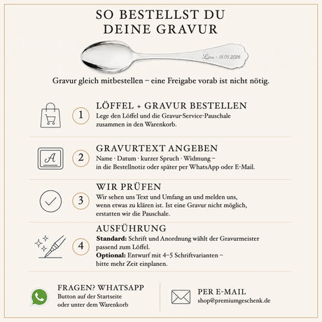 Gravur bestellen in vier Schritten: Löffel und Pauschale in den Warenkorb, Text angeben, Prüfung, Ausführung