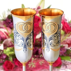 Hochzeits - Sektgläser 925 Silber – Ringe, Niello & Vergoldung (2er - Set)