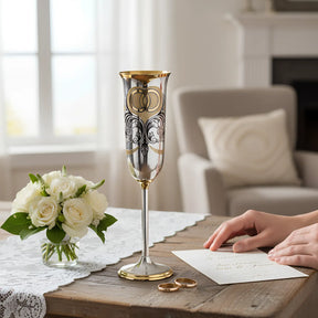 Hochzeits - Sektglas 925 Silber – Ringe, Niello & Vergoldung