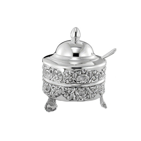 Honigdose aus 925 Silber mit Muschelrelief, Deckel und passendem Löffel für Honig, Zucker oder Konfitüre
