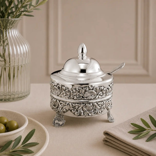 Honigdose aus 925 Silber mit Muschelrelief, Deckel und passendem Löffel für Honig, Zucker oder Konfitüre