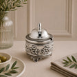 Honigdose aus 925 Silber mit Rosenrelief, Kristallknauf und dekorativen Füßen als luxuriöses Accessoire für Frühstückstisch und Teestunde
