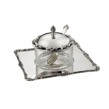 Honigdose Set 3-teilig aus 925 Silber und Kristallglas im Bambu-Design mit Deckel, Honiglöffel und Serviertablett