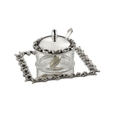 Honigdose Set 3-teilig aus 925 Silber und Kristallglas mit Deckel, Honiglöffel und dekorativem Serviertablett im Casting-Design