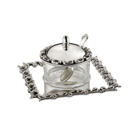 Honigdose Set 3-teilig aus 925 Silber und Kristallglas mit Deckel, Honiglöffel und dekorativem Serviertablett im Casting-Design