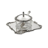 Honigdose Set 3-teilig aus 925 Silber und Kristallglas mit Deckel, Honiglöffel und Serviertablett im Star-Design