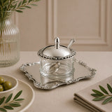 3-teiliges Honigdosen-Set aus 925 Silber und Kristallglas mit Serviertablett und Honiglöffel als elegante Geschenkidee