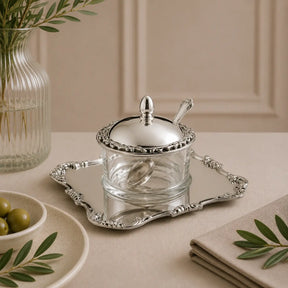 3-teiliges Honigdosen-Set aus 925 Silber und Kristallglas mit Serviertablett und Honiglöffel als elegante Geschenkidee