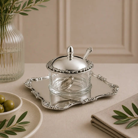 3-teiliges Honigdosen-Set aus 925 Silber und Kristallglas mit Serviertablett und Honiglöffel als elegante Geschenkidee