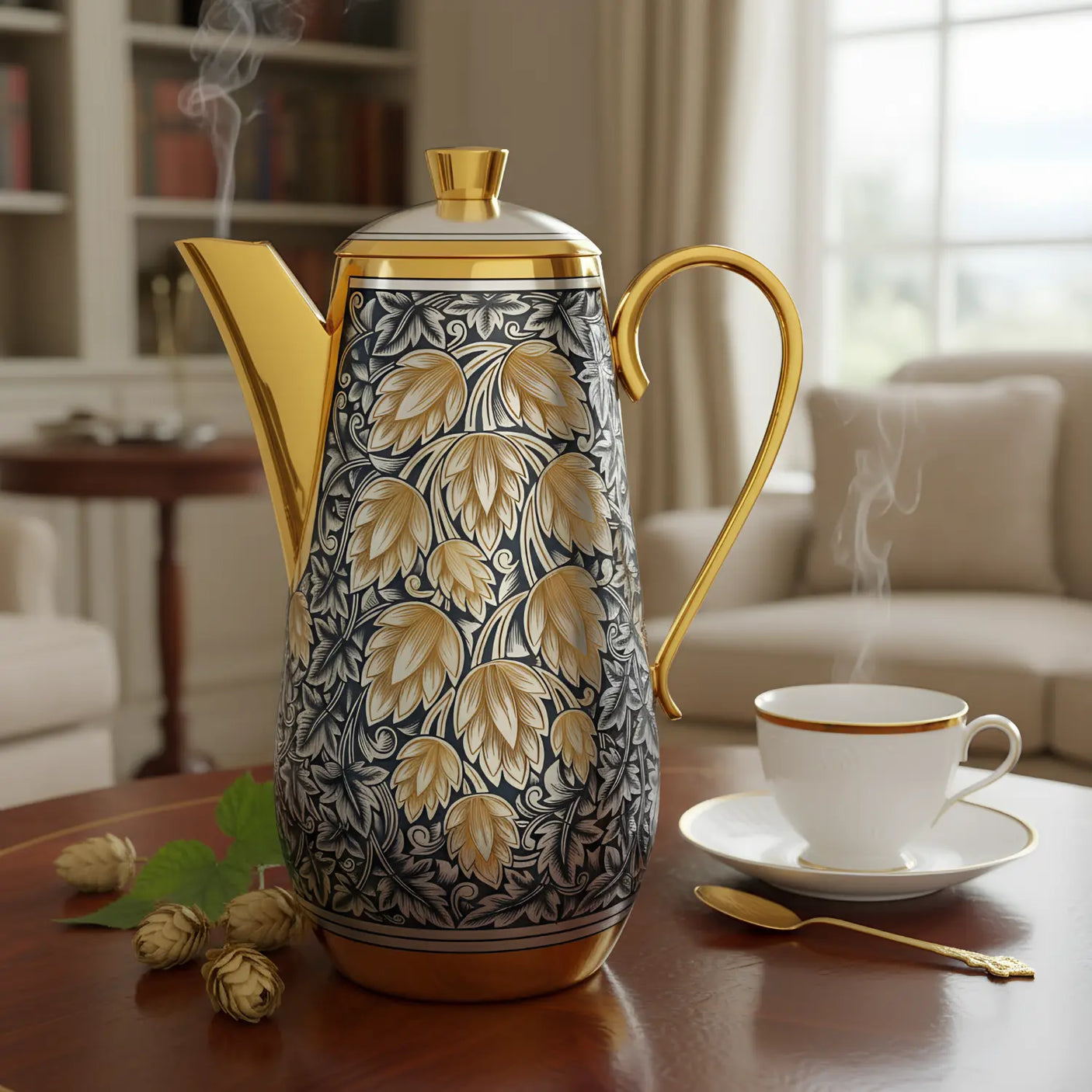 Kaffee - und Teekanne 925 Silber vergoldet – Kollektion „Hopfen“ | Historisches Design (1969)