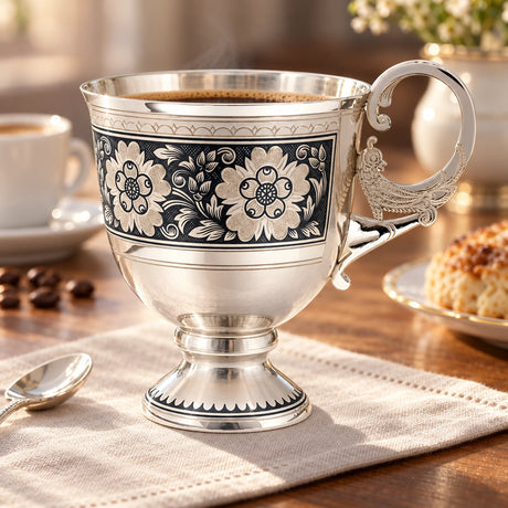 Kaffee- & Teetasse 925 Silber Niello "Für Zwei" — Lifestyle-Setting am Kaffeetisch