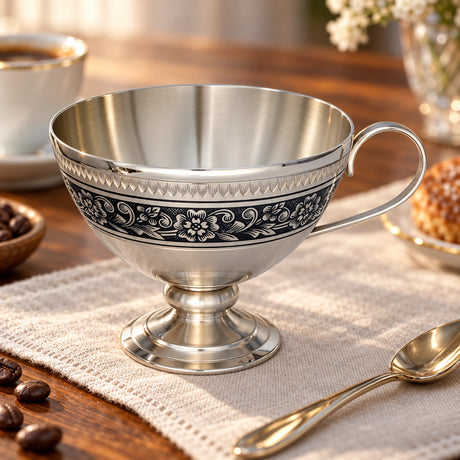 Kaffee- & Teetasse 925 Silber Niello 105 ml — Lifestyle-Setting am Kaffeetisch