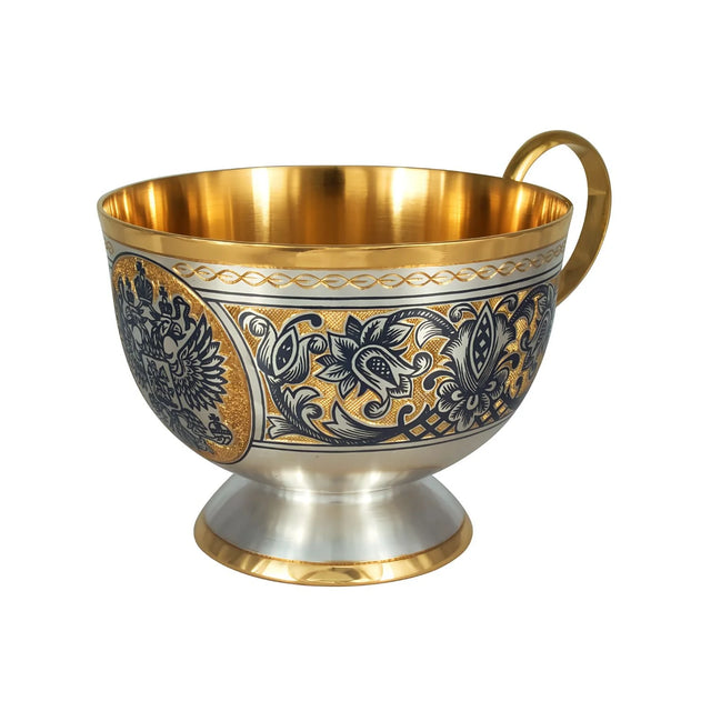 Kaffeetasse 925 Silber vergoldet Souverän — Tasse mit Henkel, Doppeladler-Wappen und Niello-Blütenranken, vergoldet