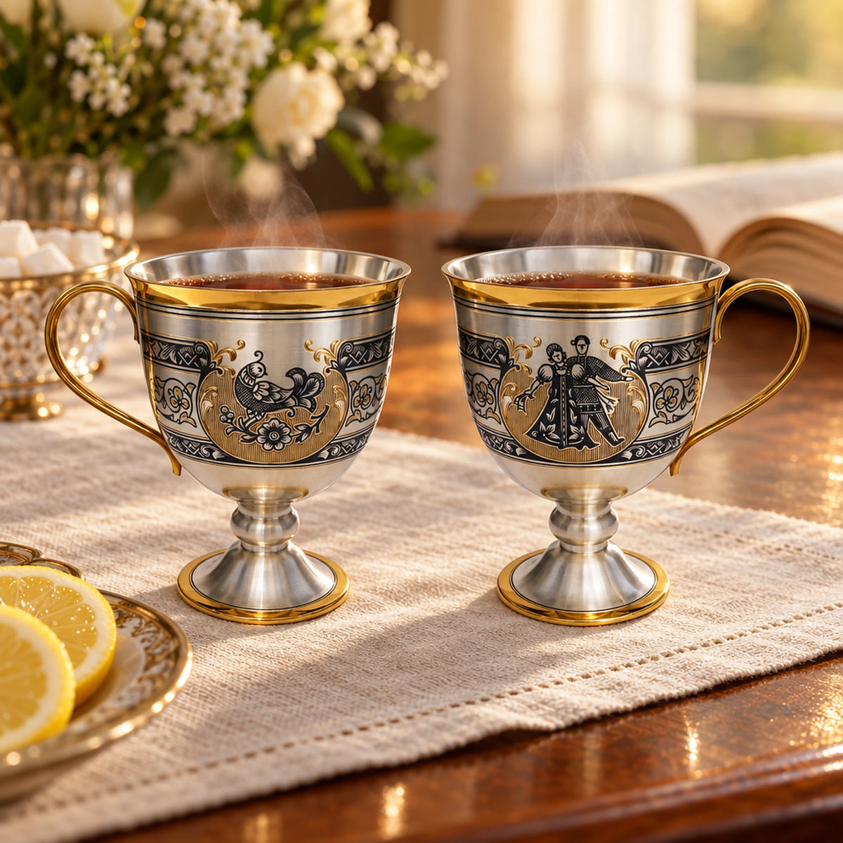 Kaffee- & Teetassen 925 Silber Quadrille 2 Teile Set — Lifestyle-Setting am Teetisch