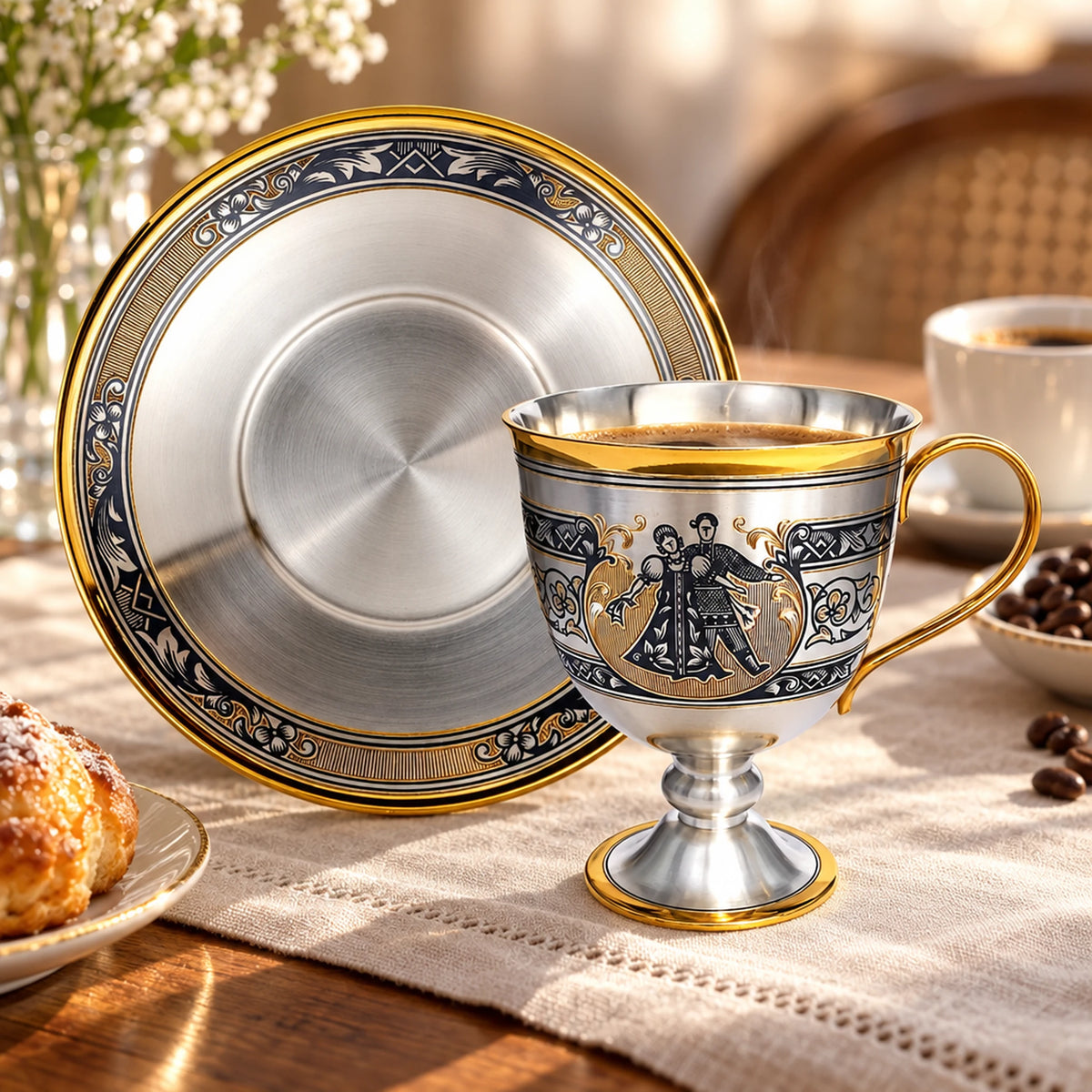Kaffee- & Teetasse mit Untertasse 925 Silber Niello Quadrille — Lifestyle-Setting am Kaffeetisch