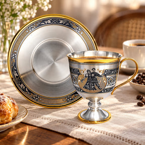 Kaffee- & Teetasse mit Untertasse 925 Silber Niello Quadrille — Lifestyle-Setting am Kaffeetisch