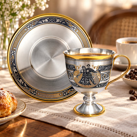 Kaffee- & Teetasse mit Untertasse 925 Silber Niello Quadrille — Lifestyle-Setting am Kaffeetisch