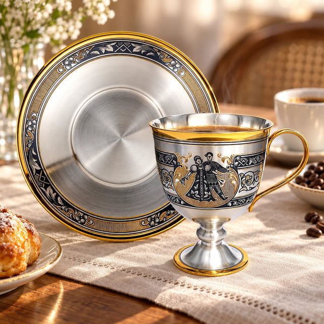 Kaffee- & Teetasse mit Untertasse 925 Silber Niello Quadrille — Lifestyle-Setting am Kaffeetisch