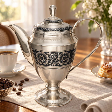 Kaffeekanne 925 Silber Niello 500 ml — Lifestyle-Setting am Kaffeetisch