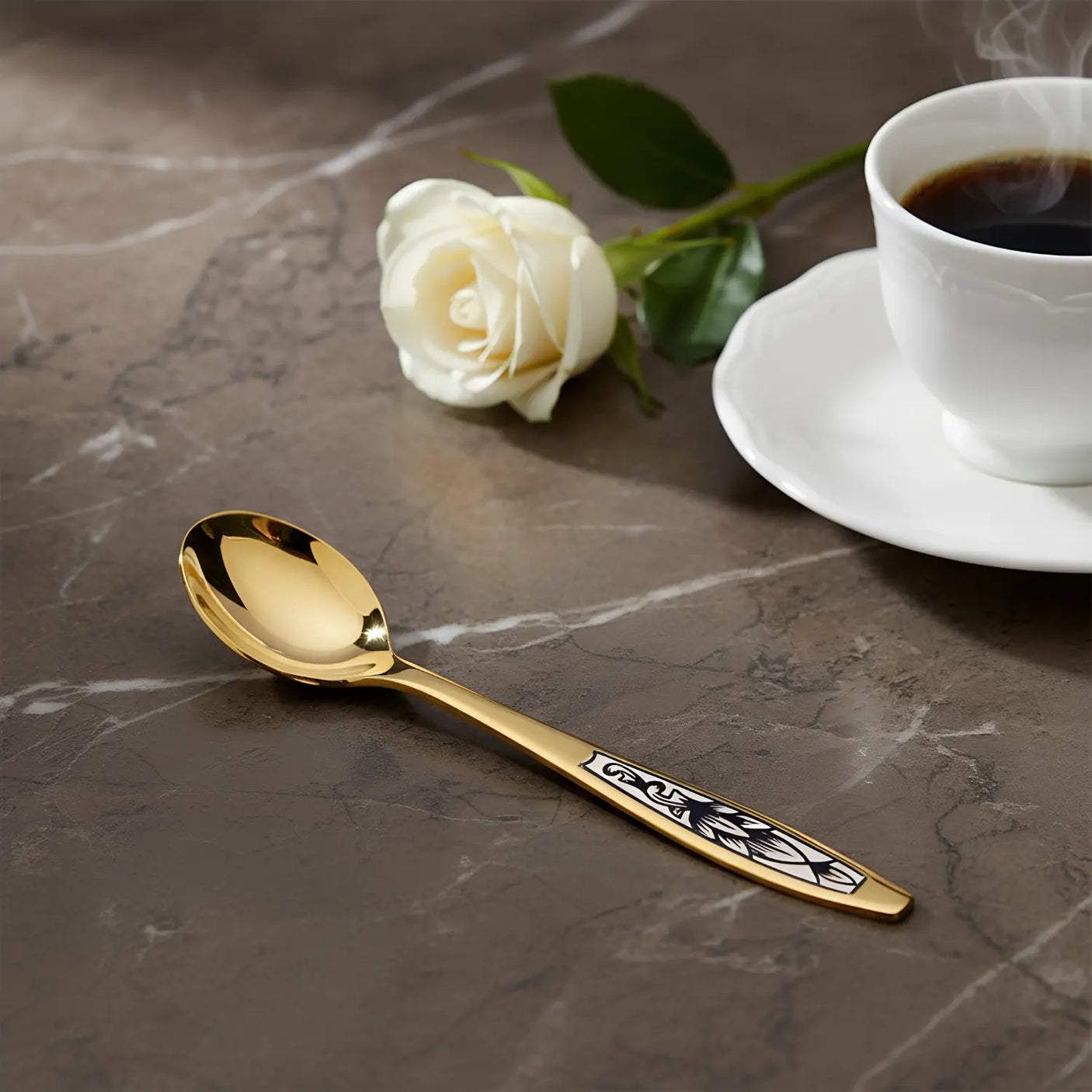 Kaffeelöffel 925 Silber vergoldet mit Hopfen - Niello - Motiv