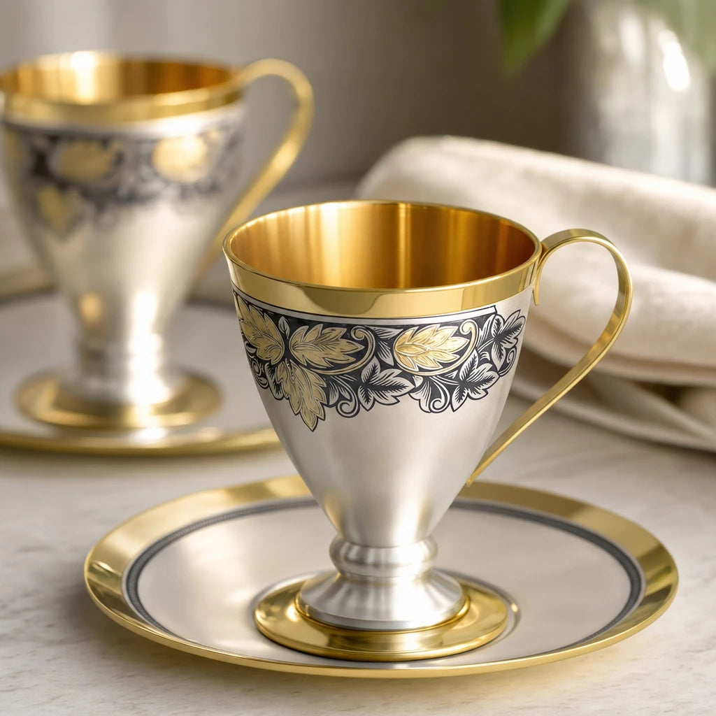 Kaffeeservice Hopfen 925 Silber — Tasse mit Niello-Hopfenornament und vergoldetem Inneren in Nahaufnahme, Lifestyle
