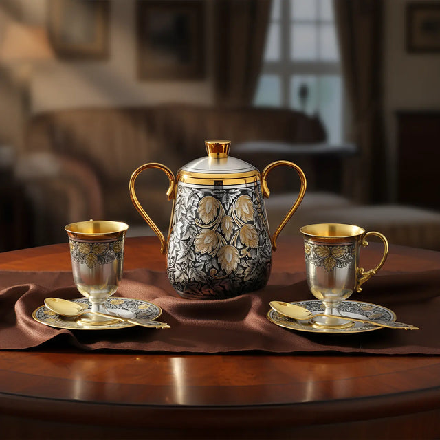 Kaffeeservice Hopfen – 925 Silber & Vergoldung, Set mit Zuckerdose