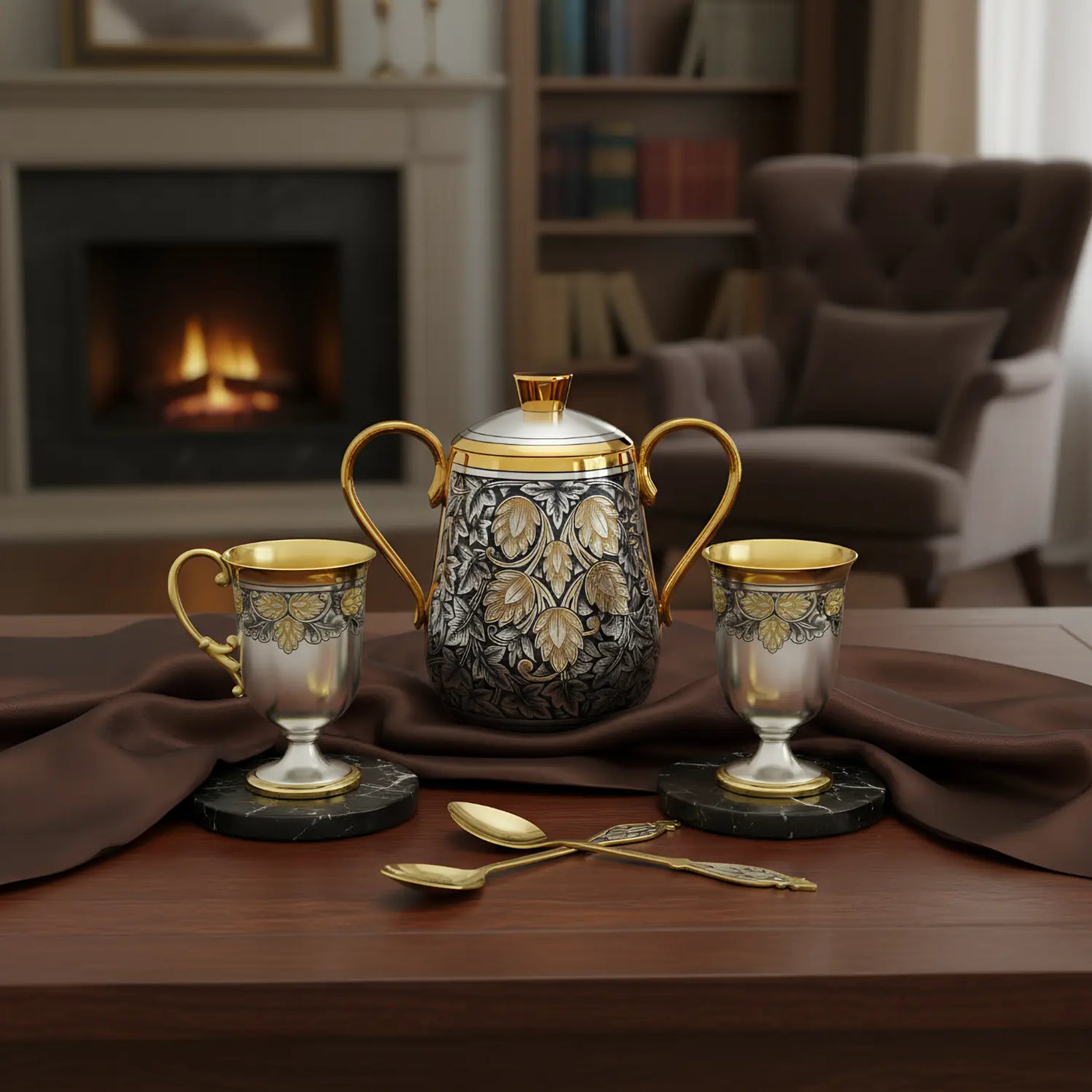 Kaffeeservice Hopfen – 925 Silber & Vergoldung, Set mit Zuckerdose