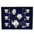 Kaffeeservice Symphonie 925 Silber ArgentA — 17-teiliges Set für 6 Personen im Marineblau-Etui, Lilien-Filigran, Teekanne, Zuckerdose, Milchkännchen
