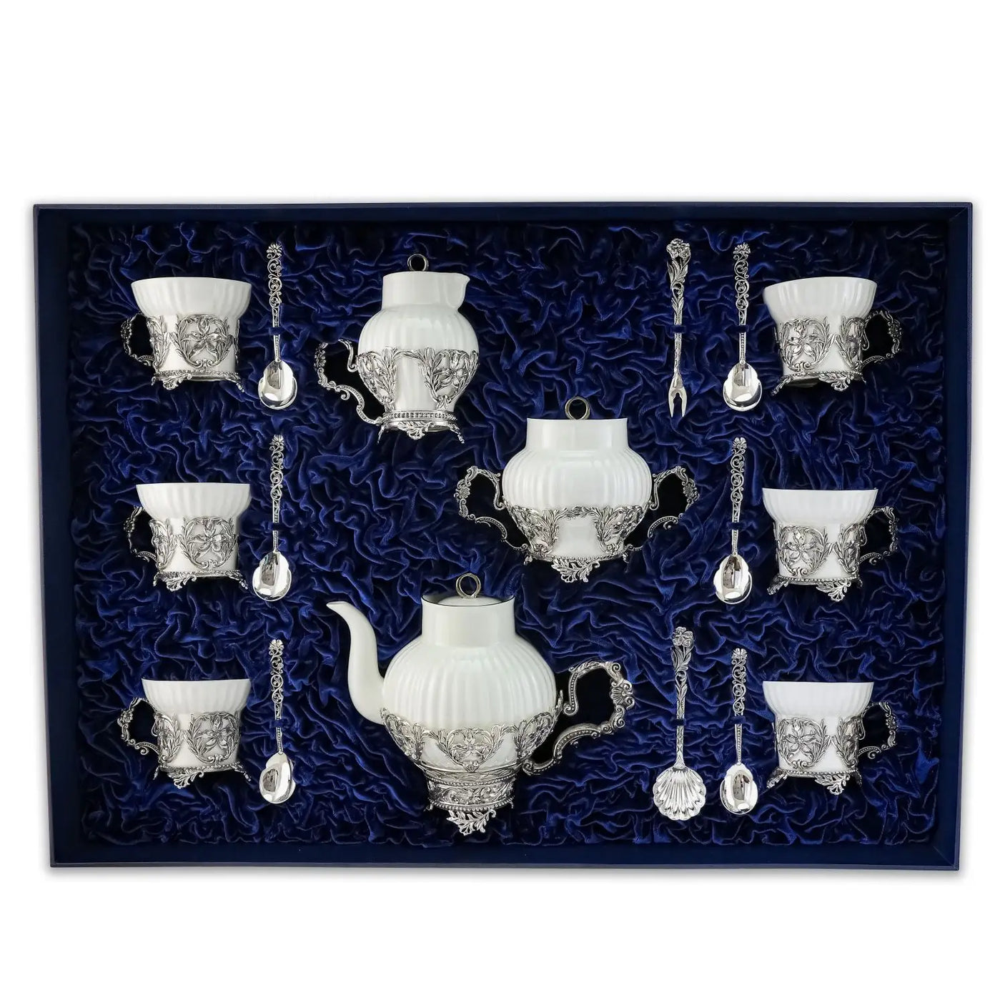 Kaffeeservice Symphonie 925 Silber ArgentA — 17-teiliges Set für 6 Personen im Marineblau-Etui, Lilien-Filigran, Teekanne, Zuckerdose, Milchkännchen