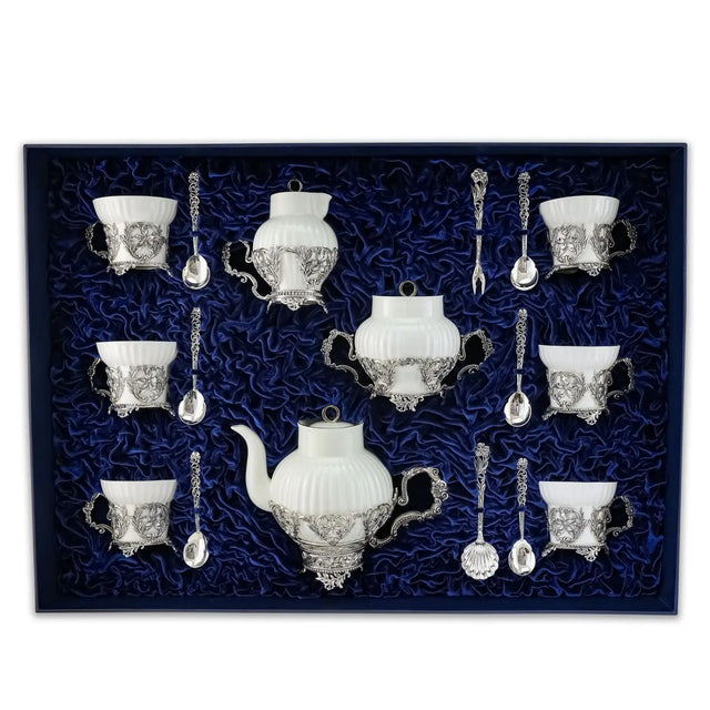 Kaffeeservice Symphonie 925 Silber ArgentA — 17-teiliges Set für 6 Personen im Marineblau-Etui, Lilien-Filigran, Teekanne, Zuckerdose, Milchkännchen