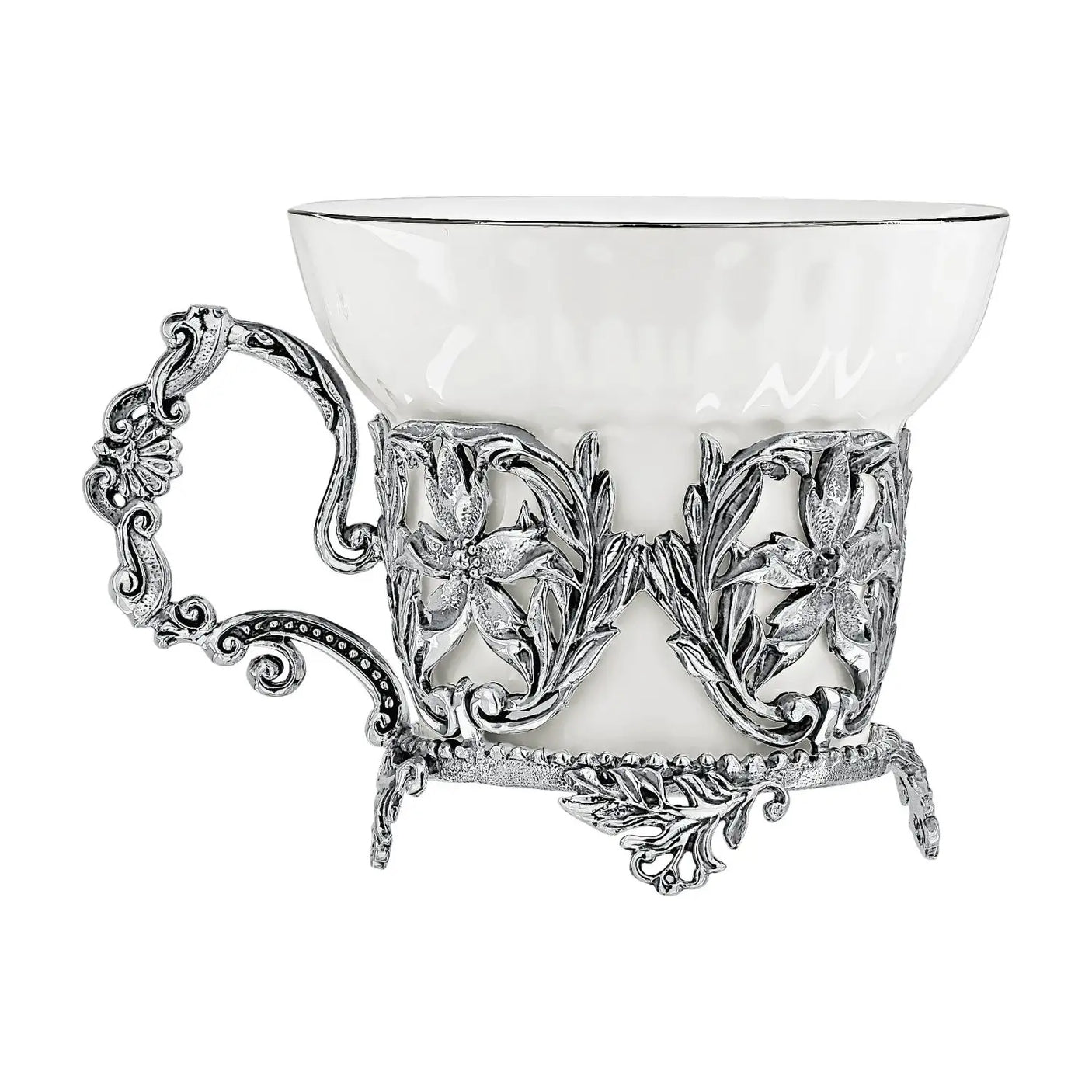 Kaffeetasse 925 Silber Symphonie — Mokka-Tasse mit Lilien-Filigran-Mantel, Porzellan-Inneres, Akanthus-Henkel, ArgentA