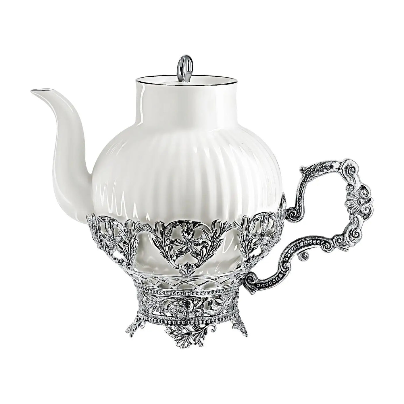 Teekanne 925 Silber Symphonie — geriffeltes Porzellan mit Lilien-Filigran-Sockel und Akanthus-Henkel, 800 ml, ArgentA