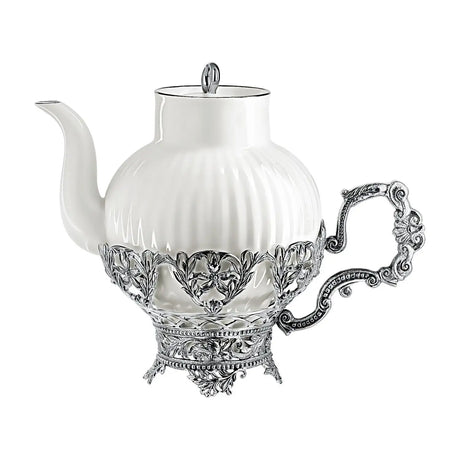 Teekanne 925 Silber Symphonie — geriffeltes Porzellan mit Lilien-Filigran-Sockel und Akanthus-Henkel, 800 ml, ArgentA