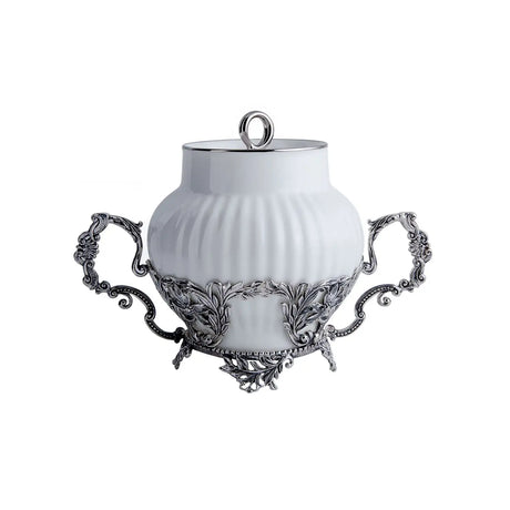 Zuckerdose 925 Silber Symphonie — Porzellan mit Akanthus-Henkeln und Filigran-Sockel, 390 ml, ArgentA