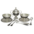 Teeservice 925 Silber Niello 2 Personen — Zuckerdose, 2 Tassen mit Untertassen, 3 Löffel und Zuckerzange