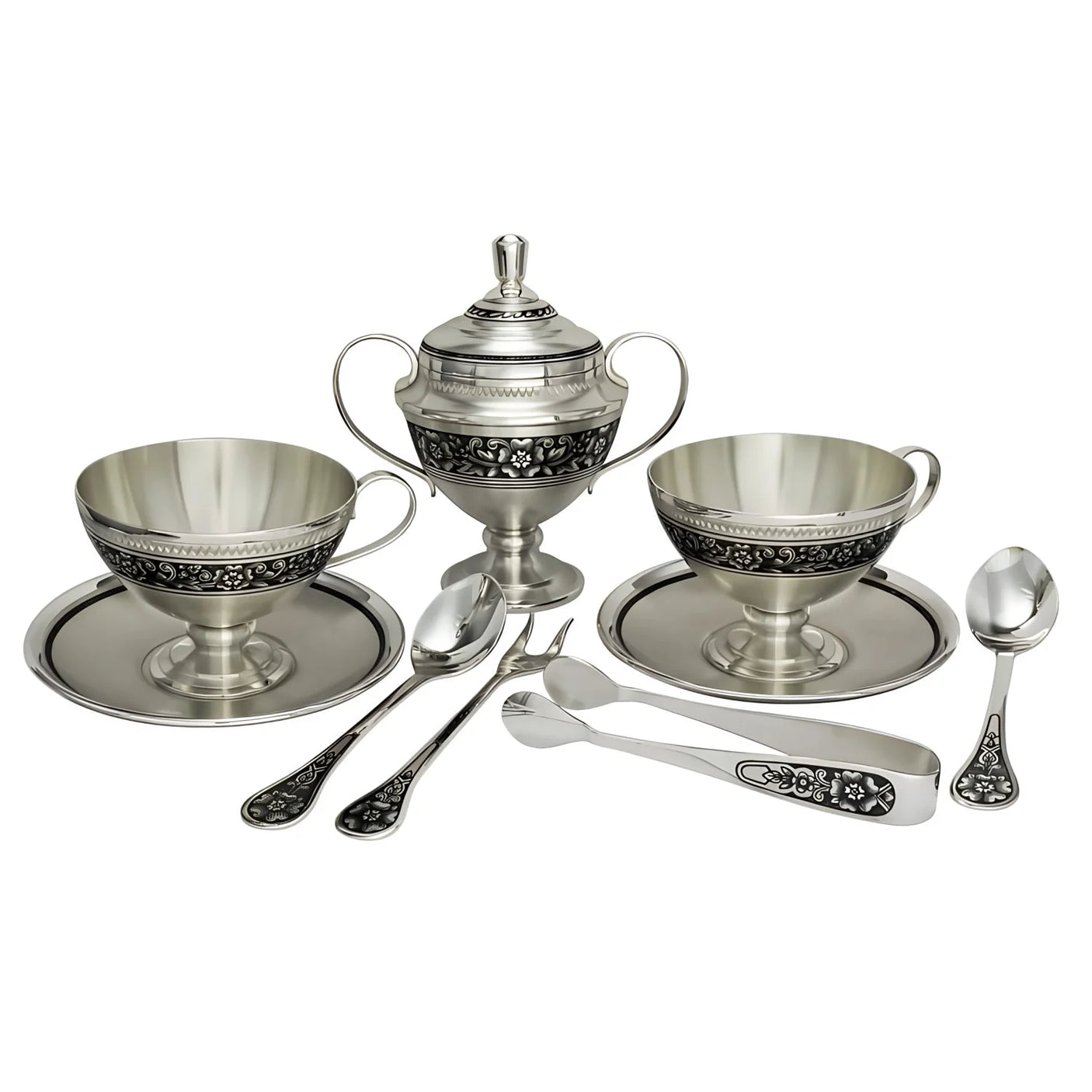 Teeservice 925 Silber Niello 2 Personen — Zuckerdose, 2 Tassen mit Untertassen, 3 Löffel und Zuckerzange