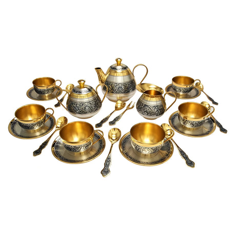 Teeservice 925 Silber vergoldet Botanica 6 Personen — Teekanne, Zuckerdose, Milchkännchen, 6 Tassen, Löffel