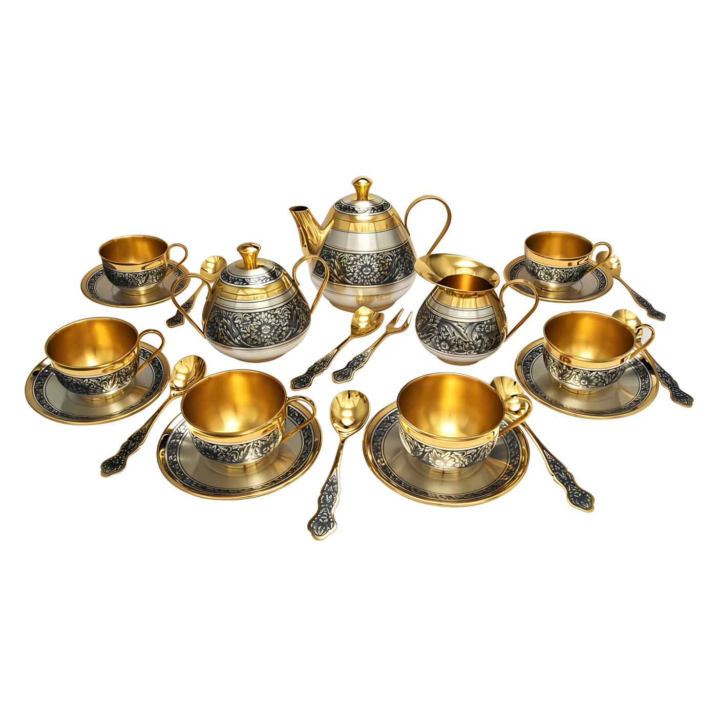 Tea service for 6 people 925 silver gold-plated Niello