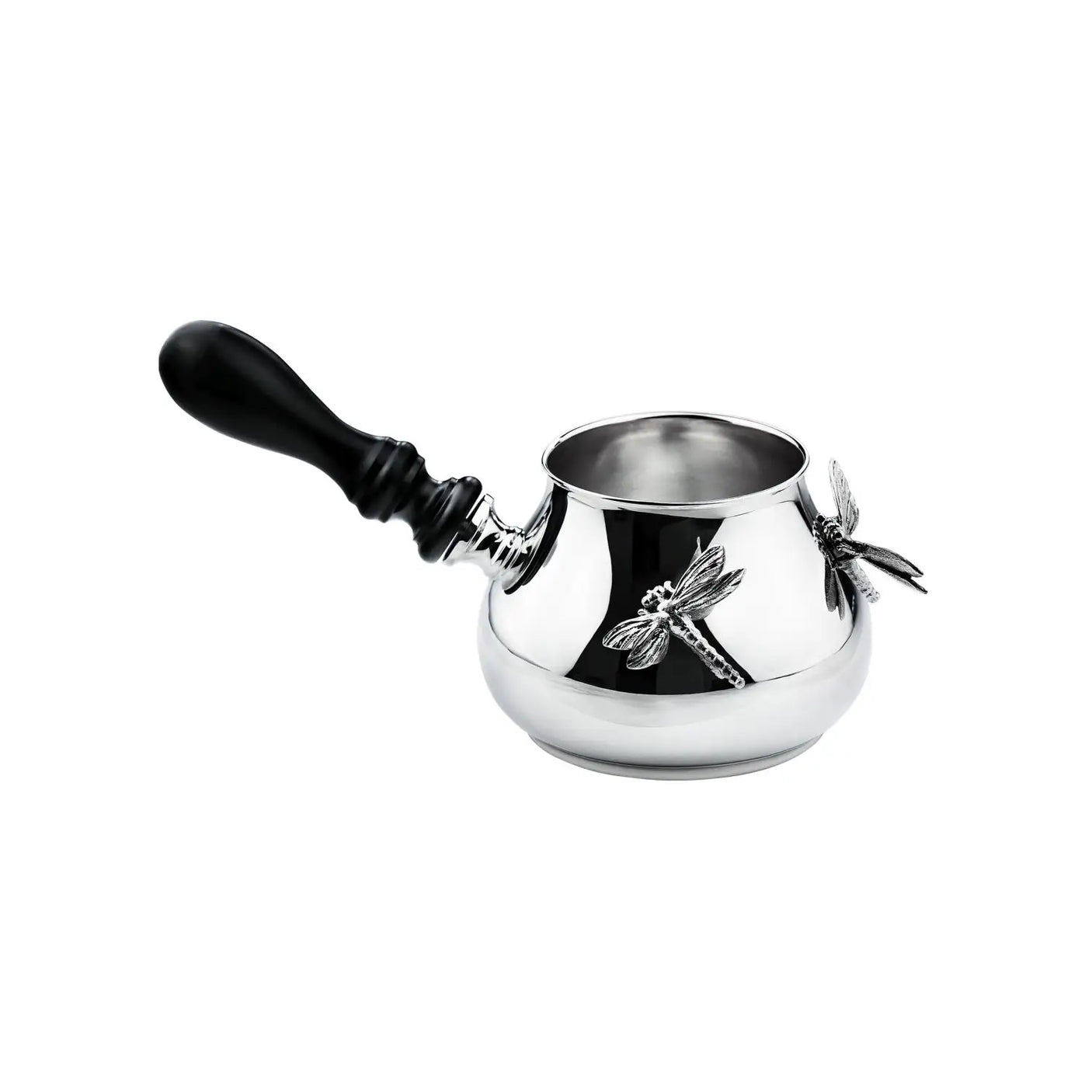 Türka 925 Silber Libellula ArgentA — bauchige türkische Mokkakanne mit zwei plastischen Libellen-Skulpturen am Bauch und traditionellem schwarzen Drechsel-Holzgriff, hochglanzpoliert, Freisteller