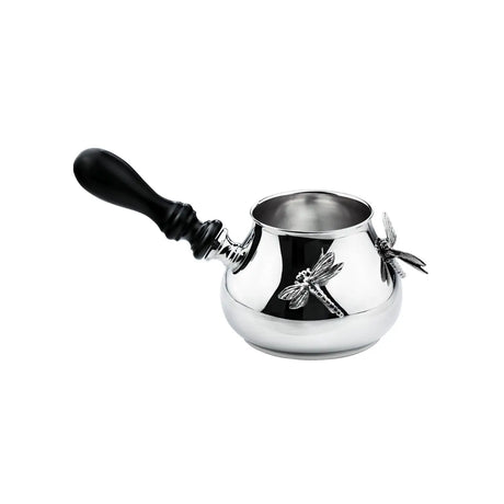 Türka 925 Silber Libellula ArgentA — bauchige türkische Mokkakanne mit zwei plastischen Libellen-Skulpturen am Bauch und traditionellem schwarzen Drechsel-Holzgriff, hochglanzpoliert, Freisteller