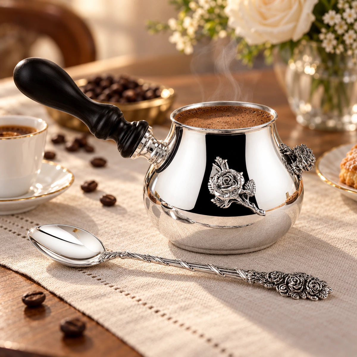 Kaffeeset Rosalia 925 Silber im Etui — Lifestyle-Setting am Kaffeetisch