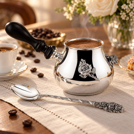 Kaffeeset Rosalia 925 Silber im Etui — Lifestyle-Setting am Kaffeetisch