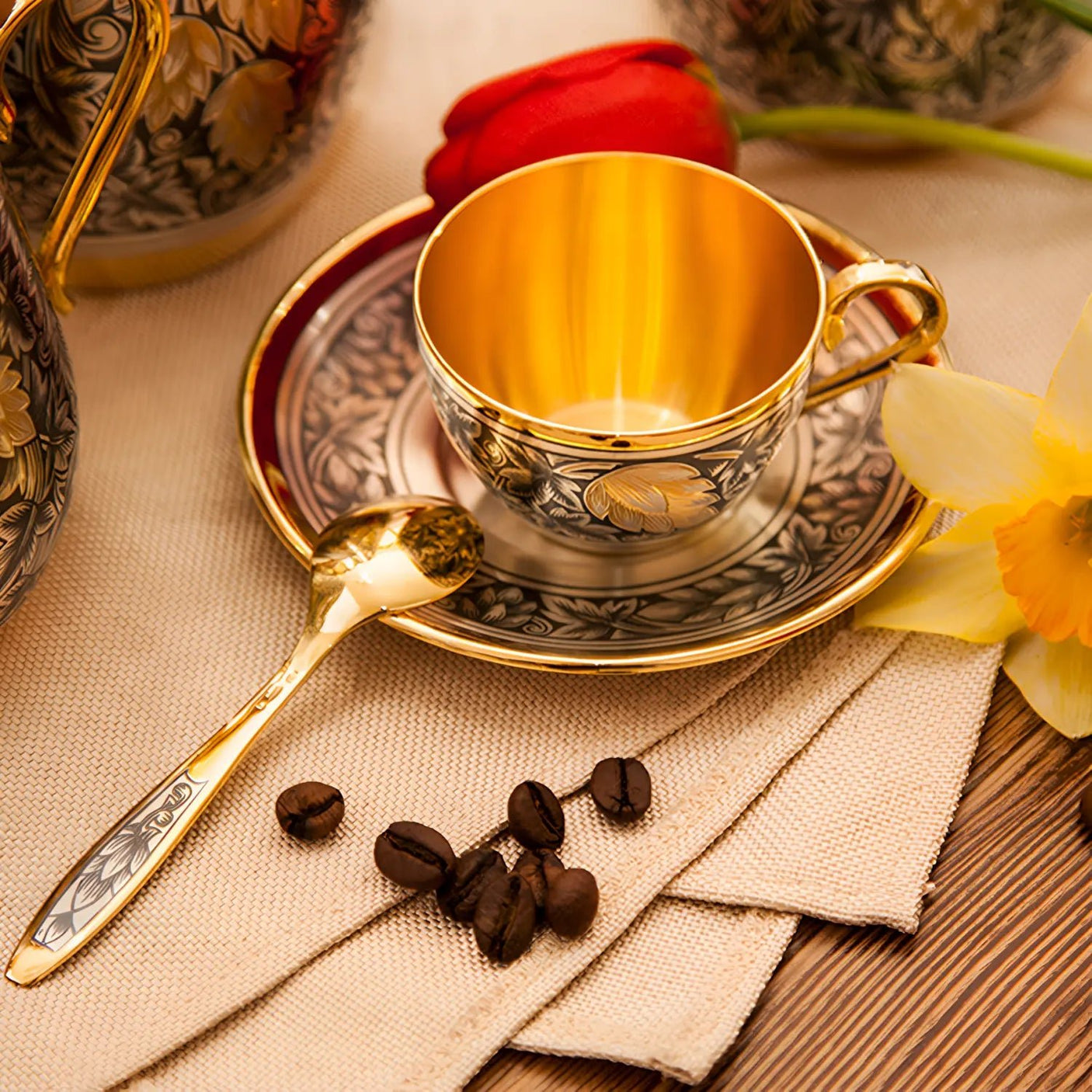 Kaffeetasse Hopfen 925 Silber – Niello & Vergoldung | Luxus - Set