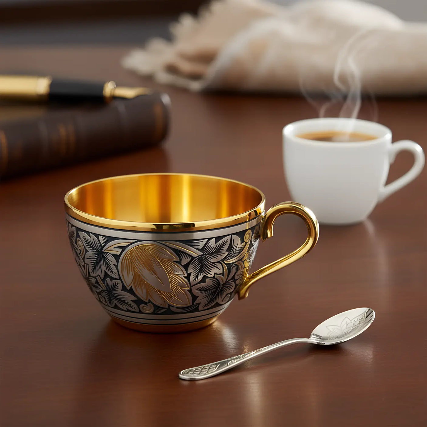 Kaffeetasse Hopfen 925 Silber Niello & Vergoldung – handgraviert