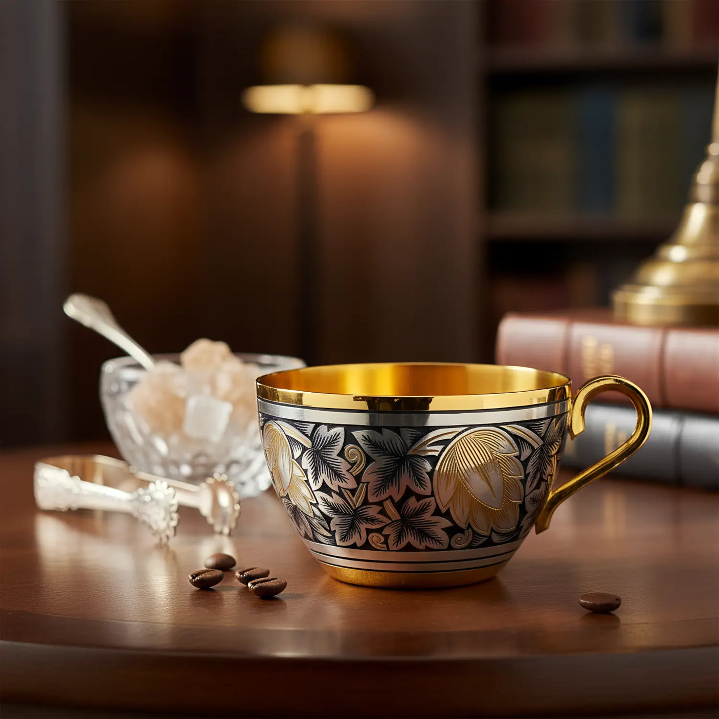 Kaffeetasse Hopfen 925 Silber Niello & Vergoldung – handgraviert