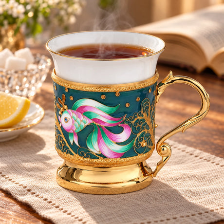 Kaffeetasse aus Porzellan und Silber mit Goldfisch-Emaille-Motiv — Lifestyle-Setting am Teetisch
