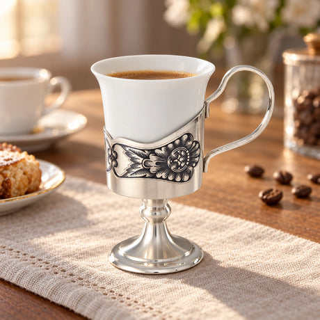 Kaffeetasse aus Porzellan & 925 Silber Niello 50 ml — Lifestyle-Setting am Kaffeetisch