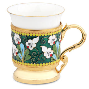 Kaffeetasse aus Porzellan mit Silber- und Emaille-Tassenhalter im floralen Design