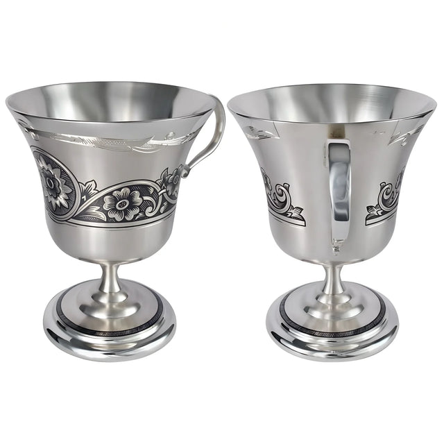 Zwei edle Kaffeetassen Set aus 925er Silber mit einzigartiger Niello-Verzierung.